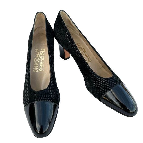 Salvatore Ferragamo Black Patent Cap Toe Suede Leather Pumps Made in Italy - Picture 1 of 17